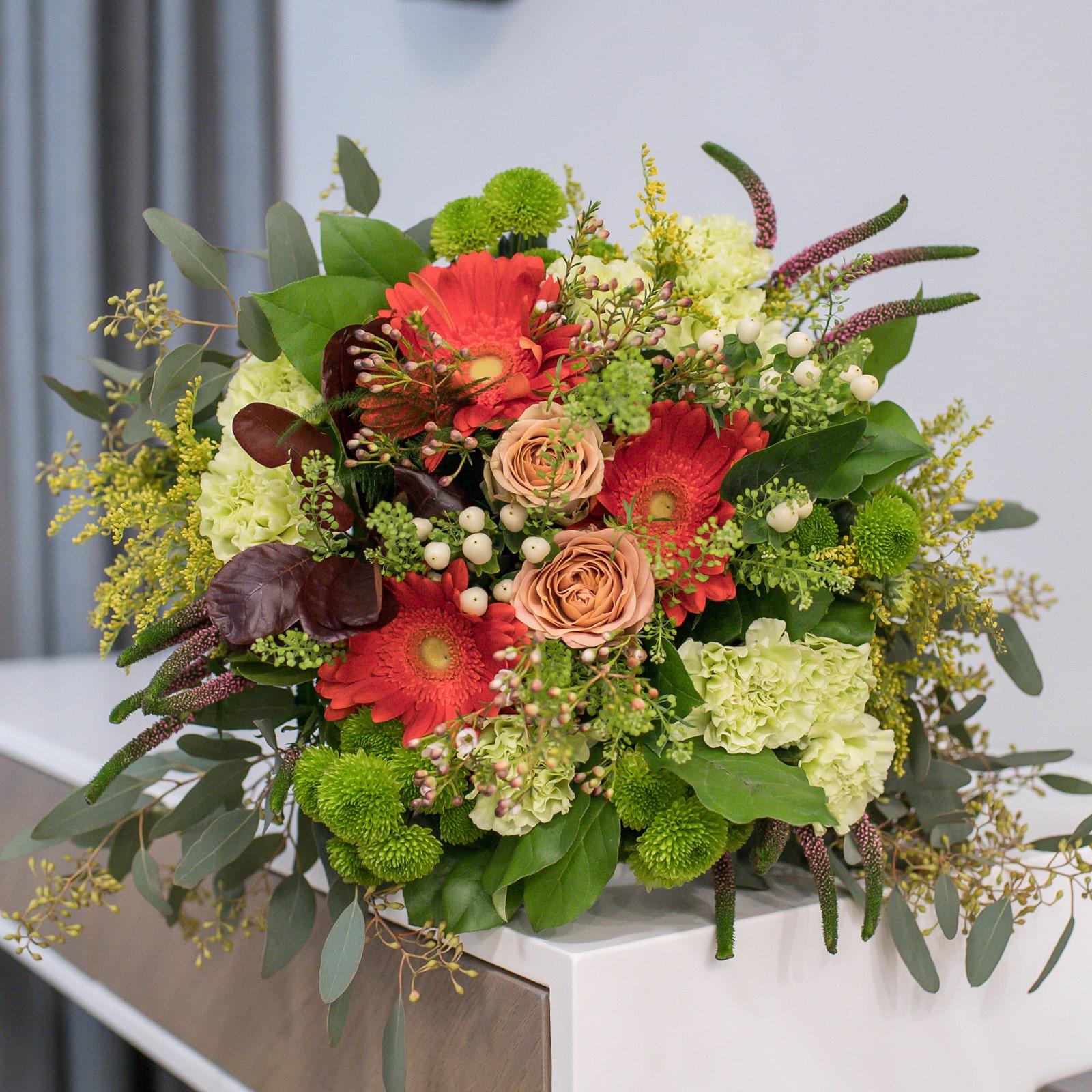 Autumn Harvest Bouquet with Roses, Gerberas & Greenery
