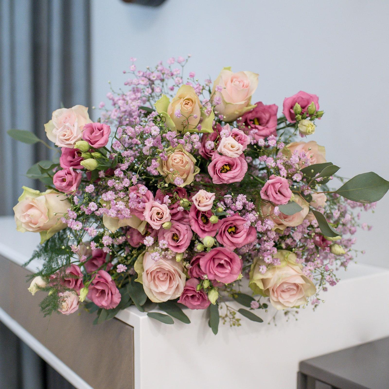 Elegant Pink & Ivory Rose and Lisianthus Bouquet