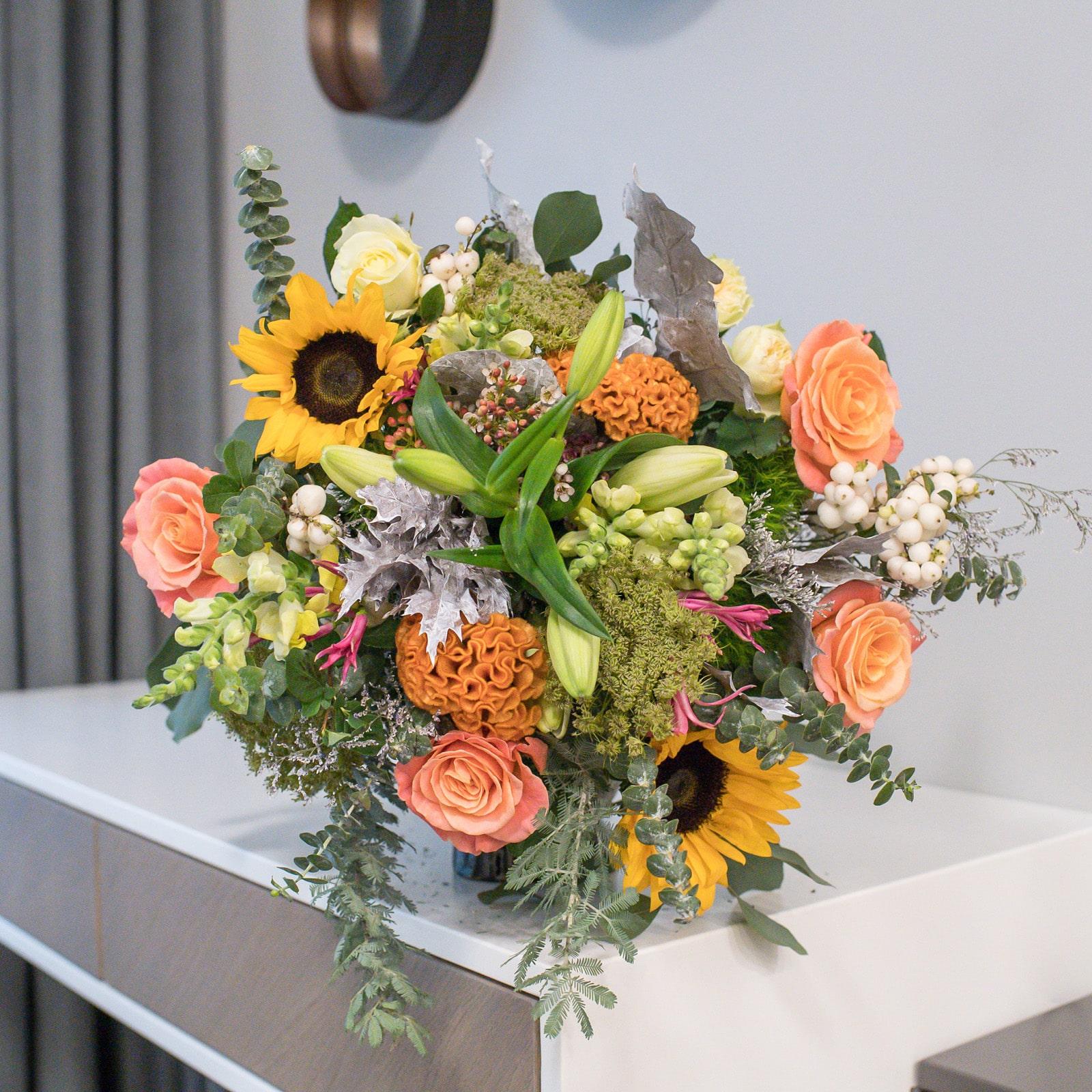 Bright Sunflower, Lily & Rose Celebration Bouquet