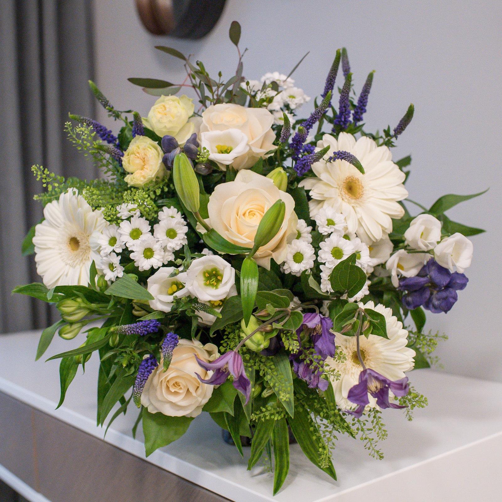 Elegant White & Purple Bouquet with Roses, Lilies & Lisianthus