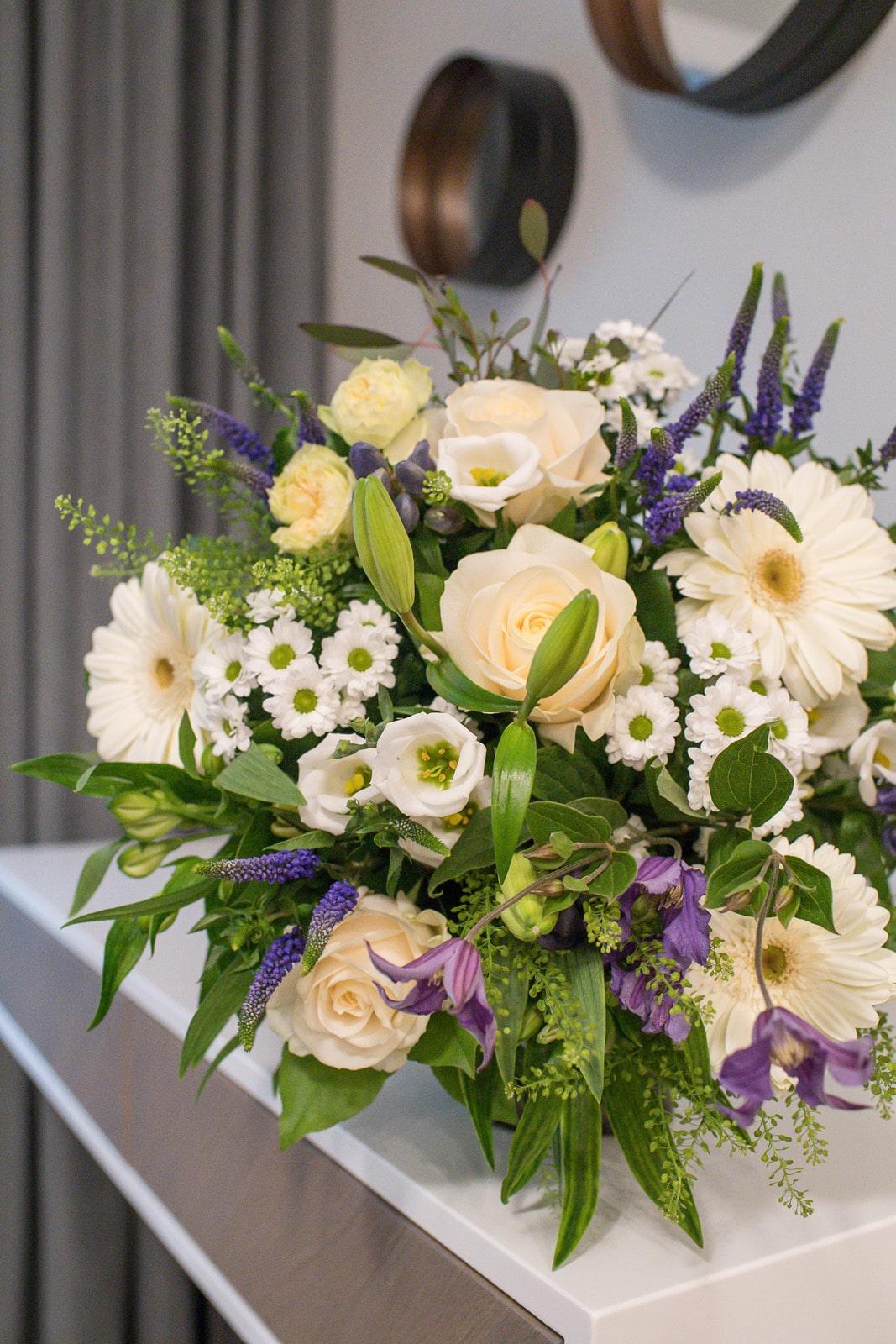 Elegant White & Purple Bouquet with Roses, Lilies & Lisianthus
