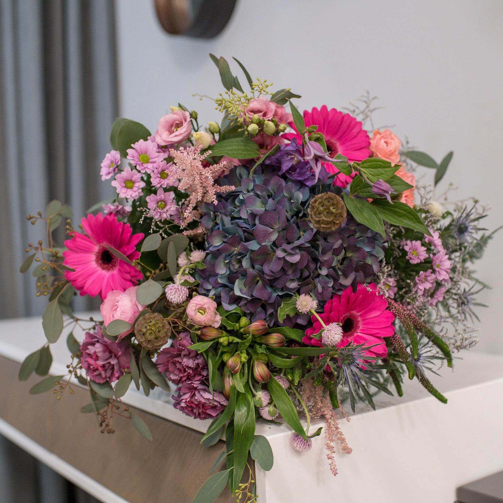 Cerise and Lilac Hortensia & Gerbera Bouquet