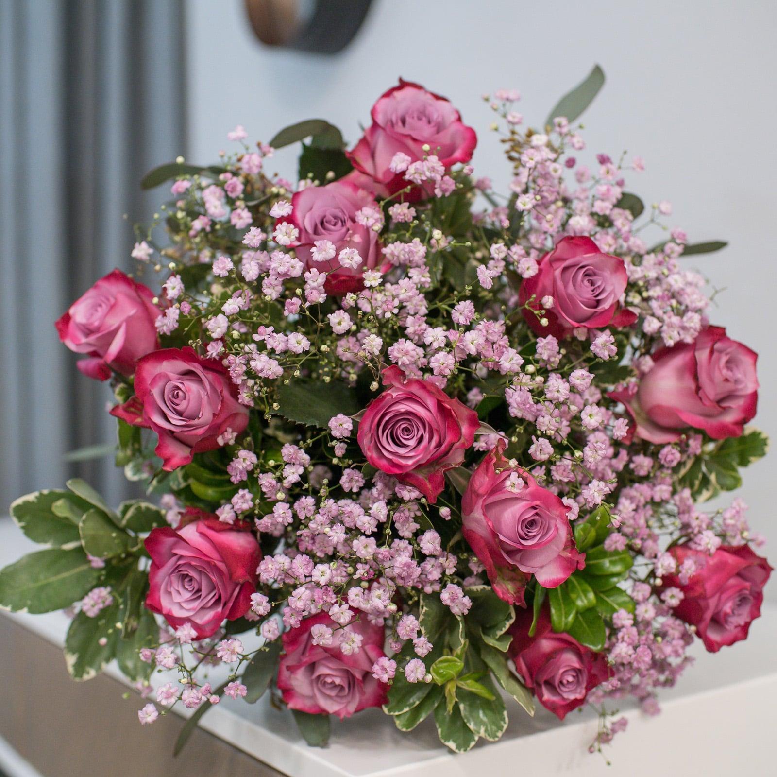 Magenta Rose & Violet Gypsophila Bouquet