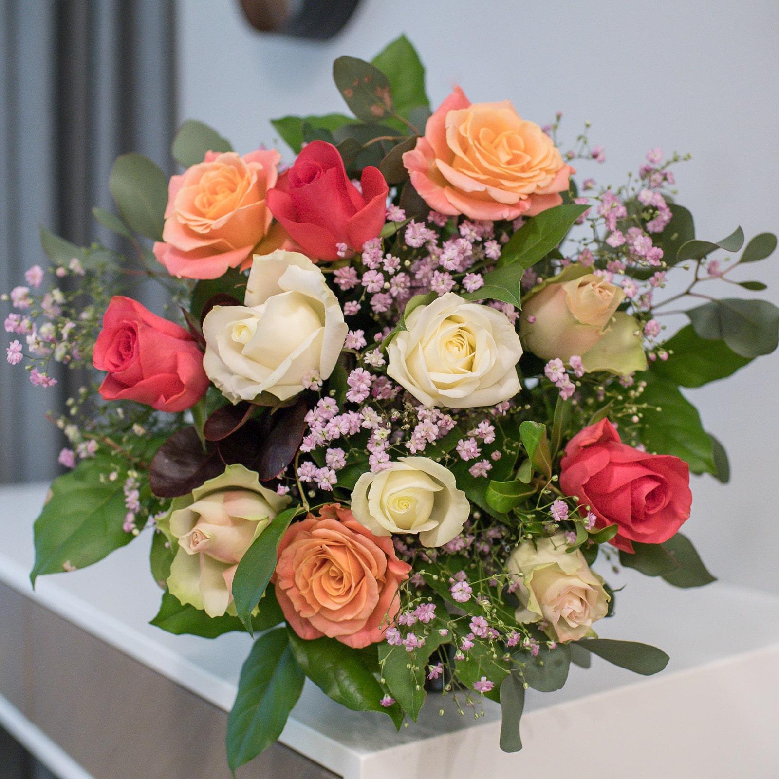 Elegant Pastel Rose Bouquet with Pink, Orange & Ivory Hues