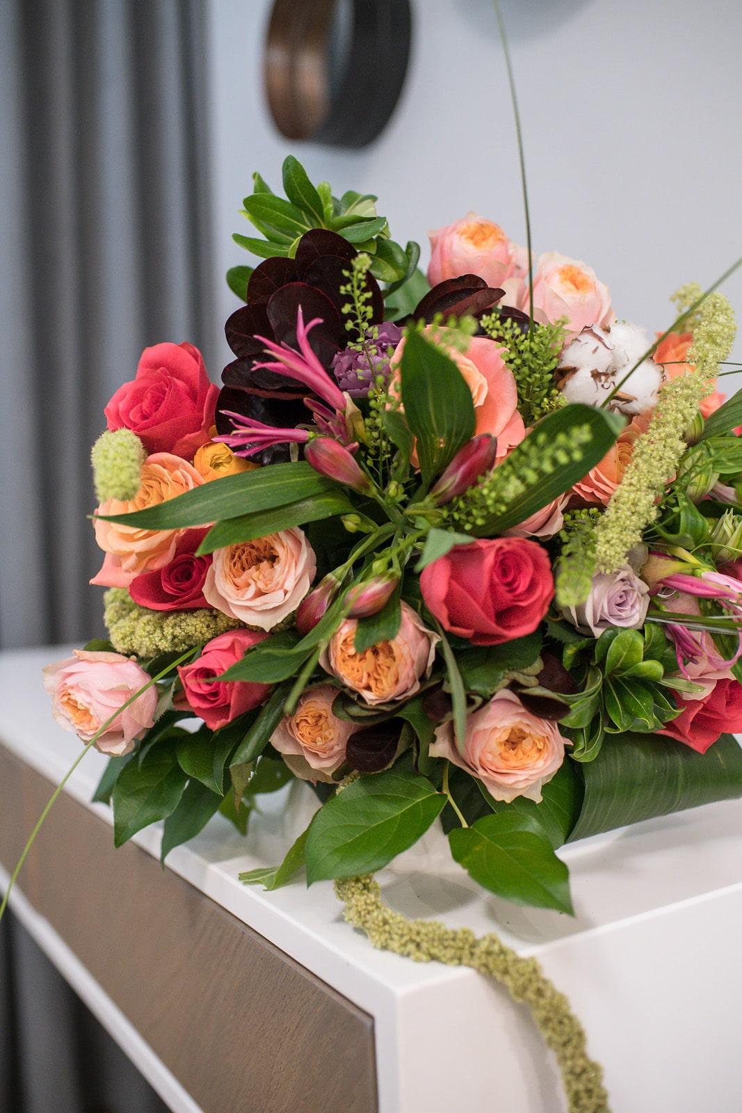 Apricot & Hot Pink Rose Bouquet with Textural Greens