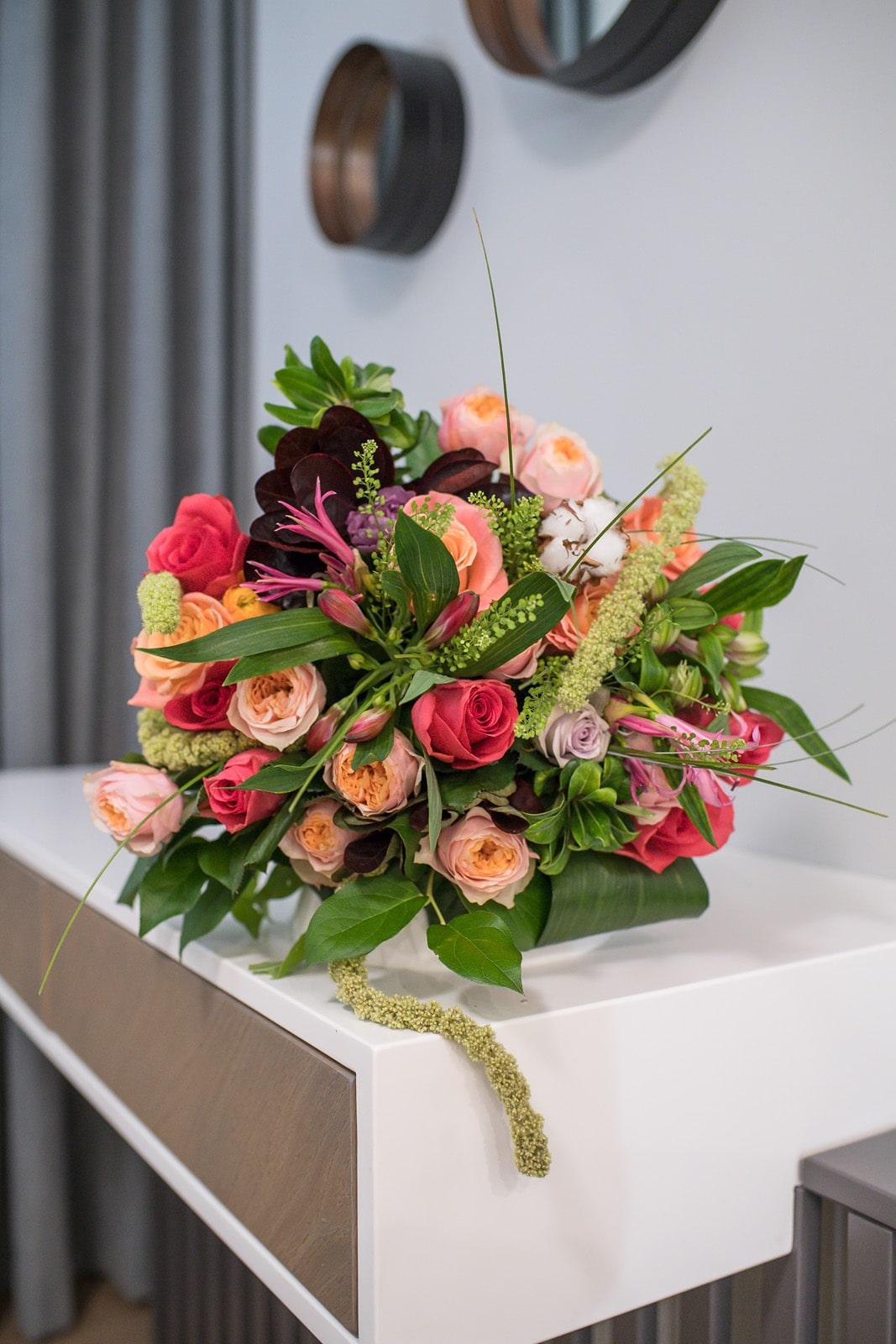 Apricot & Hot Pink Rose Bouquet with Textural Greens