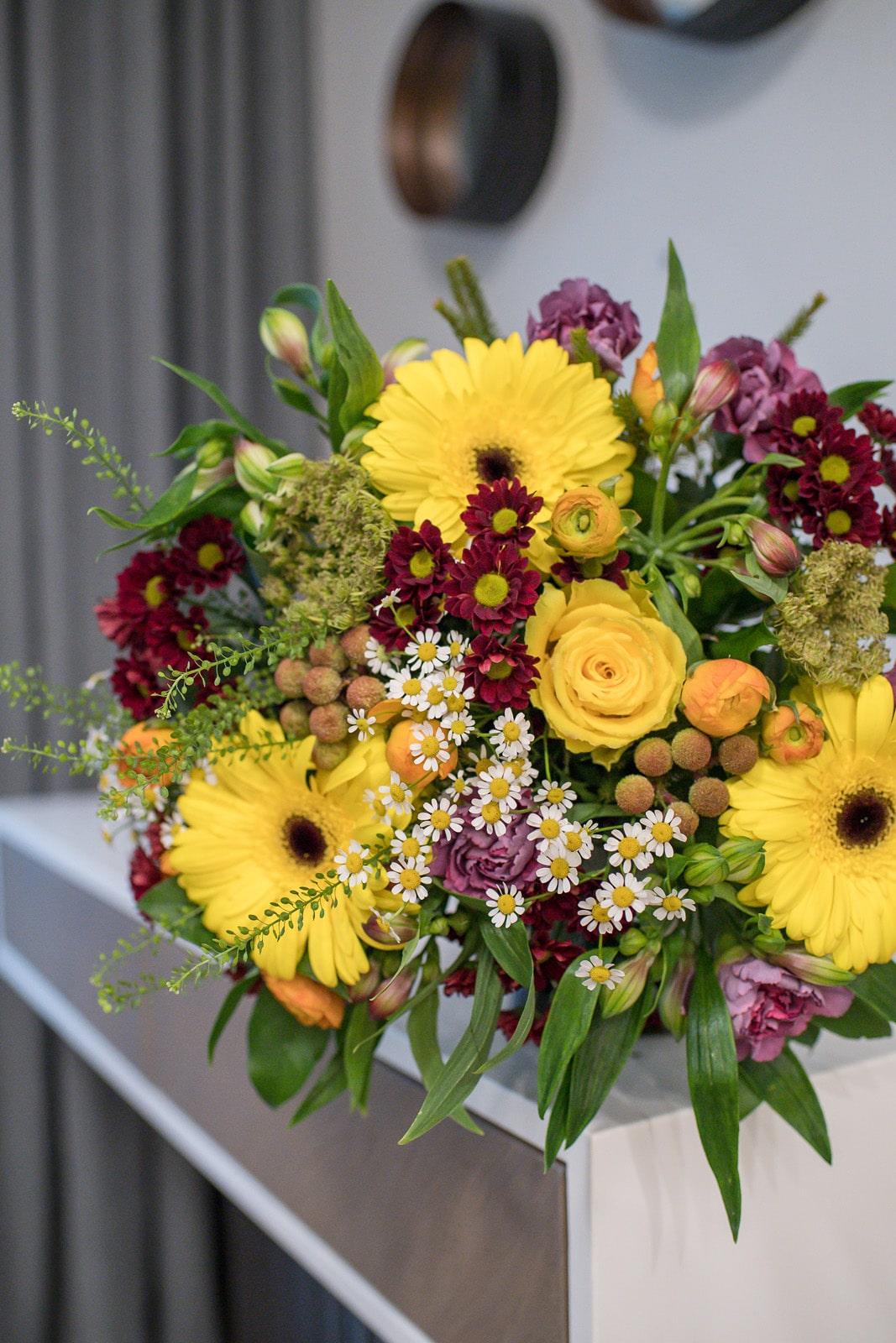 Vibrant Yellow & Burgundy Rose and Gerbera Bouquet