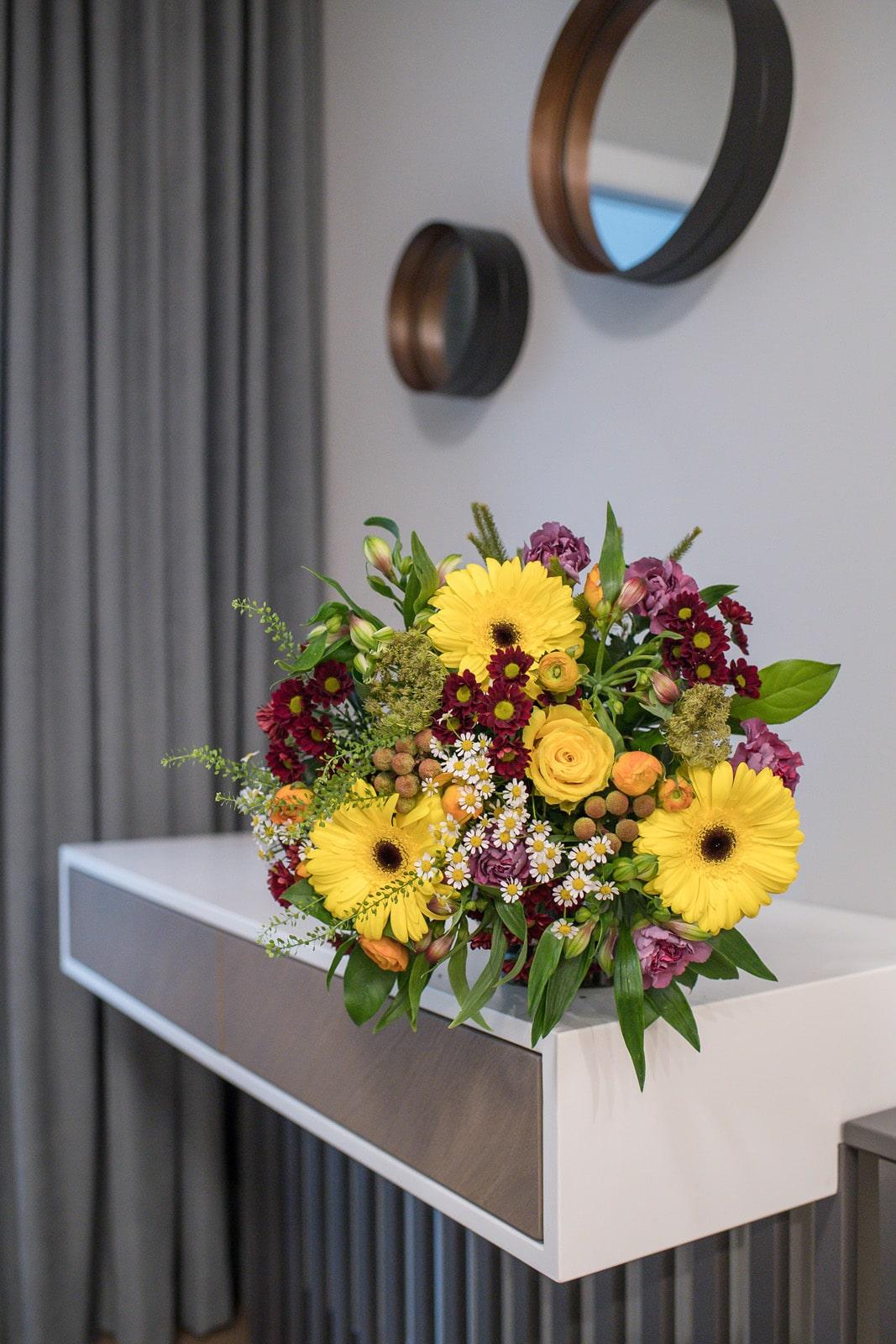 Vibrant Yellow & Burgundy Rose and Gerbera Bouquet
