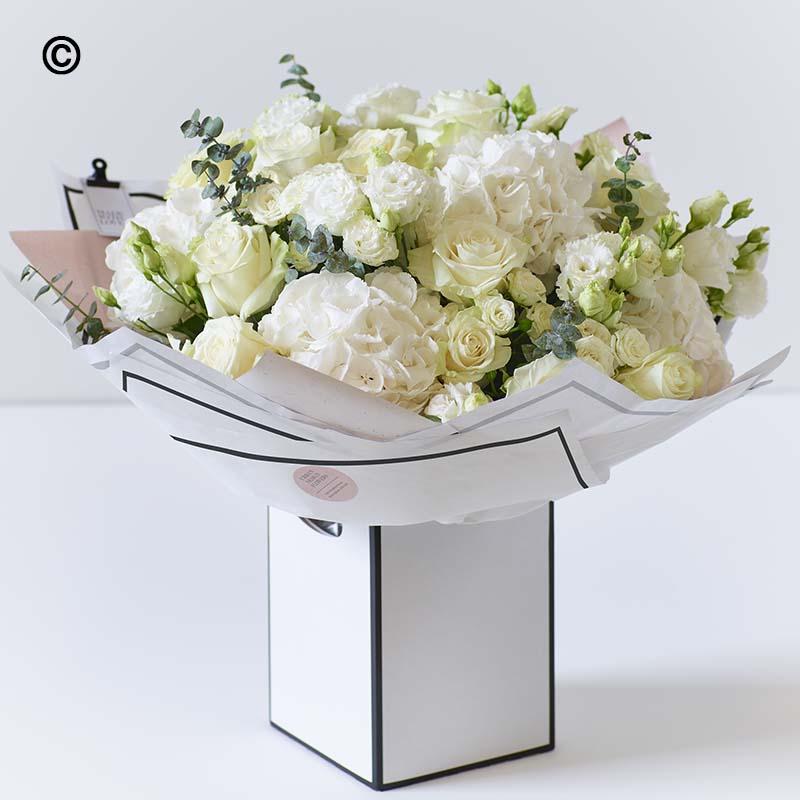 Elegant White Rose & Hydrangea Bouquet in Gift Box