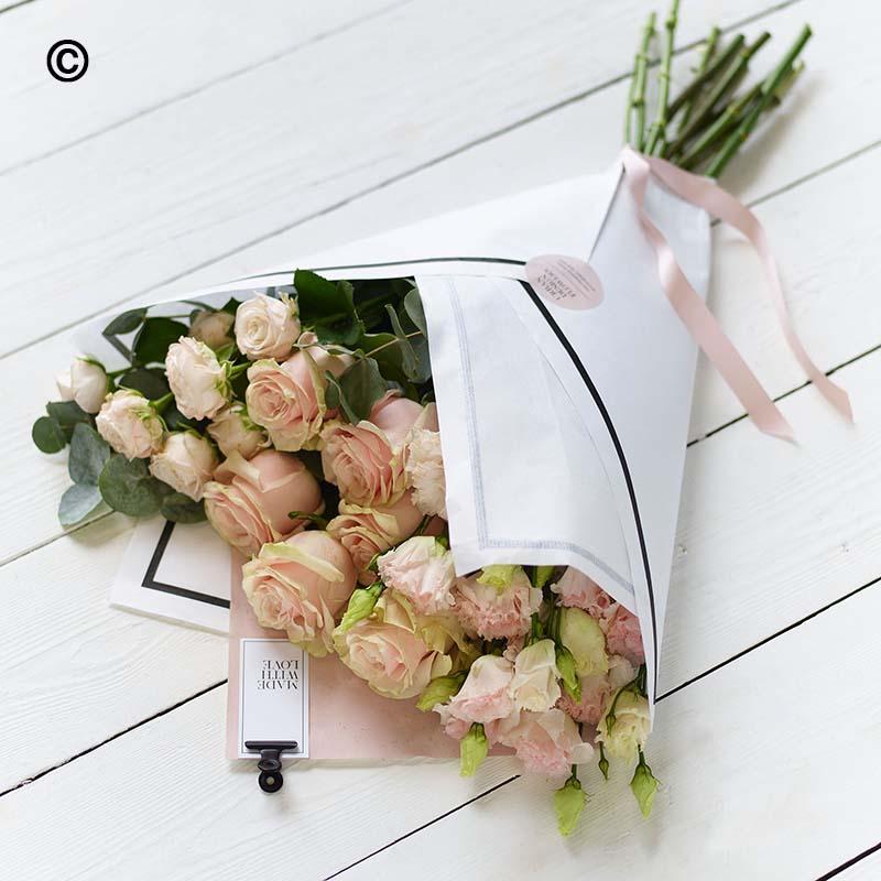 Soft Pink Rose & Lisianthus Bouquet in Elegant Wrap