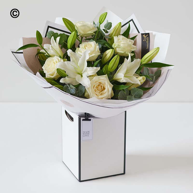 Elegant White Lily & Rose Bouquet in Gift Box