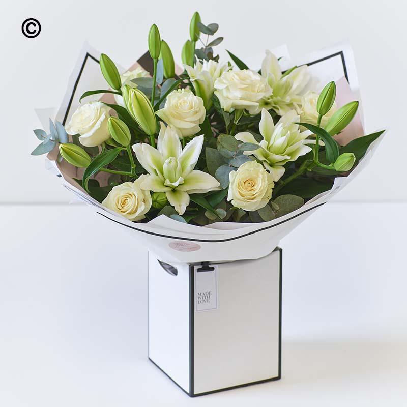 Elegant White Lily & Rose Bouquet in Gift Box