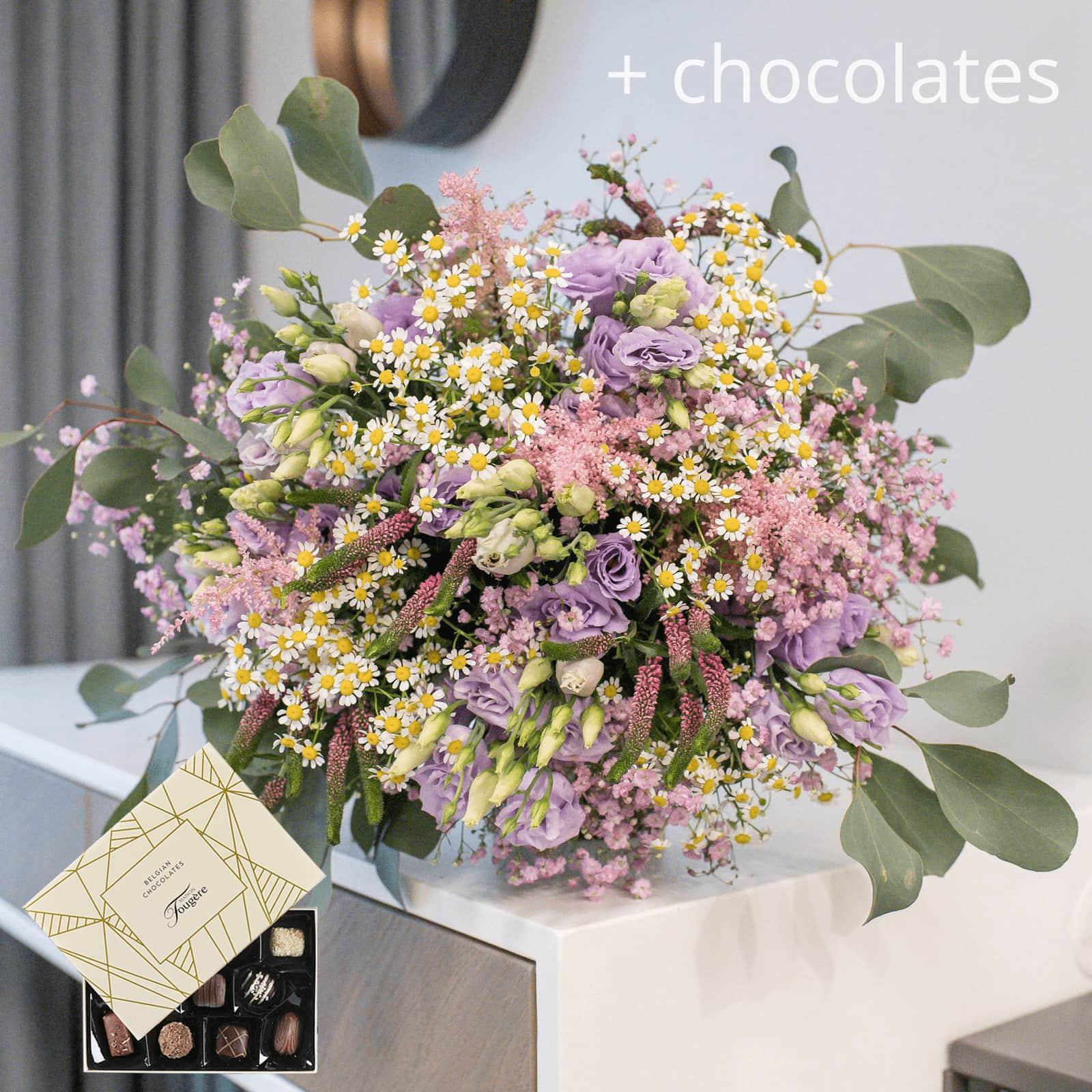 Lilac Lisianthus & Chamomile Bouquet with Belgian Chocolates