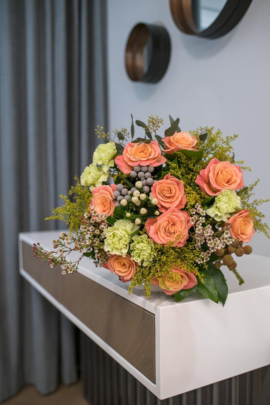 Peach Rose & Lemon Green Carnation Bouquet