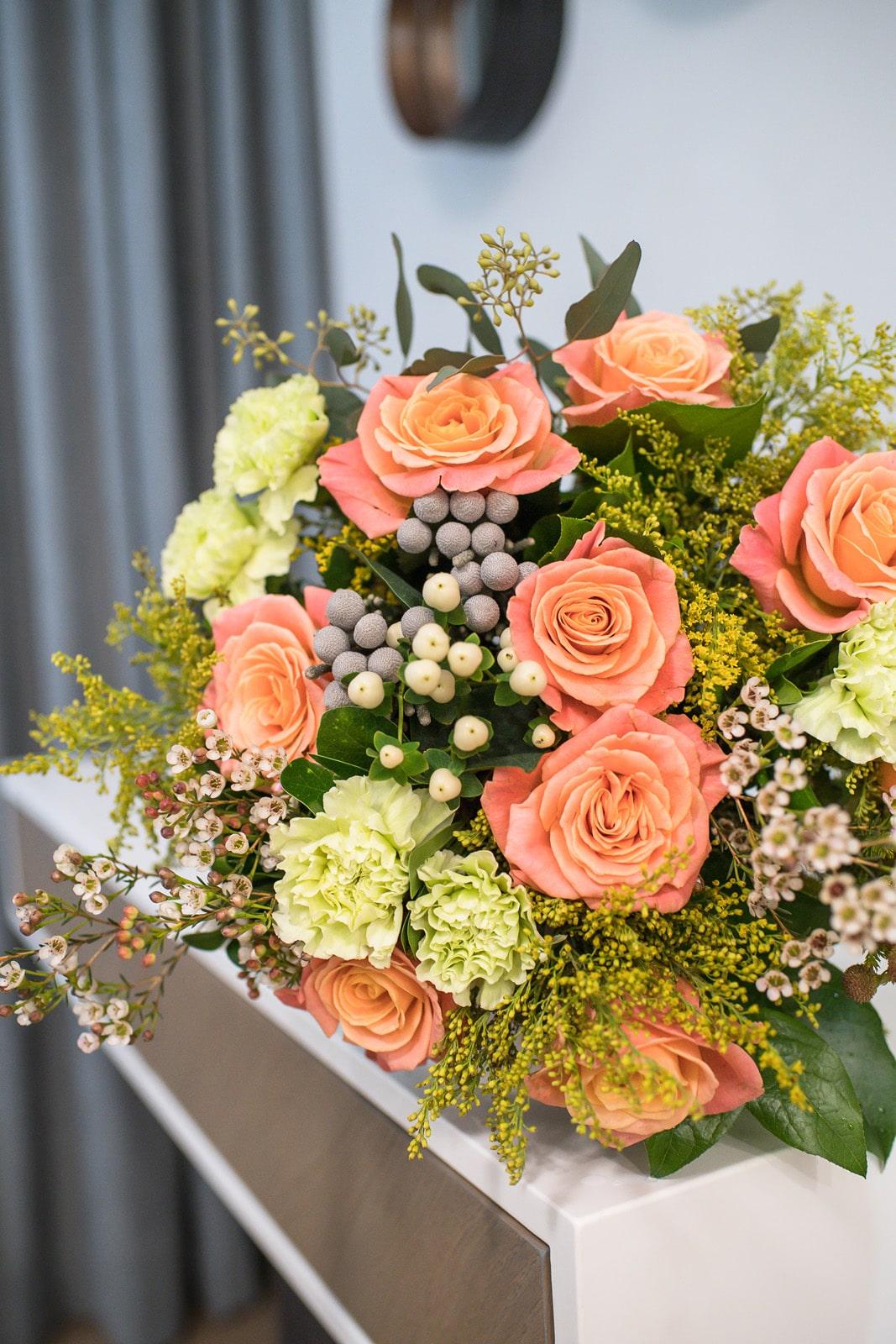 Peach Rose & Lemon Green Carnation Bouquet