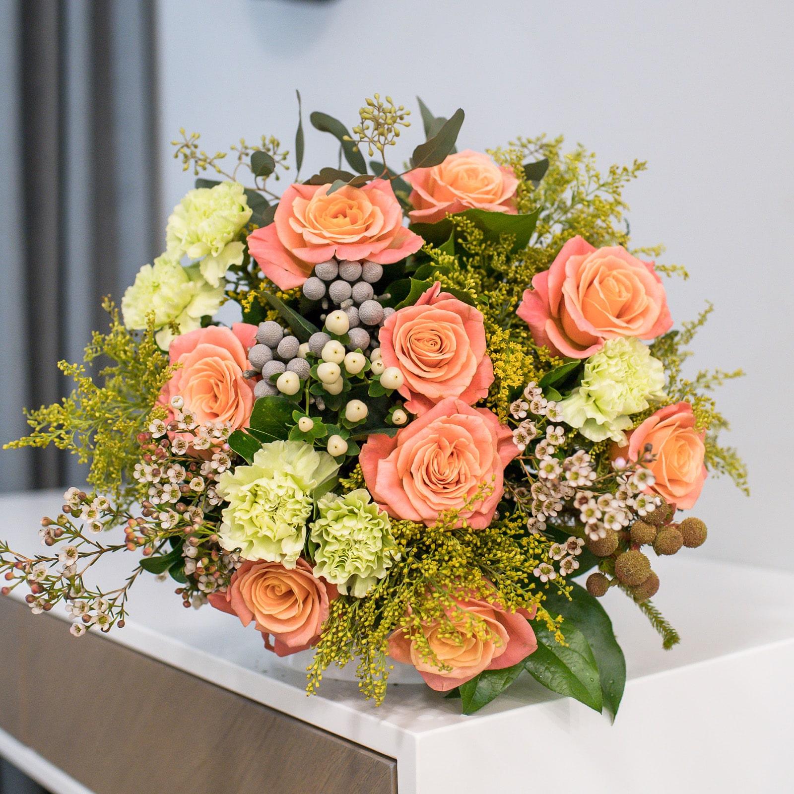 Peach Rose & Lemon Green Carnation Bouquet