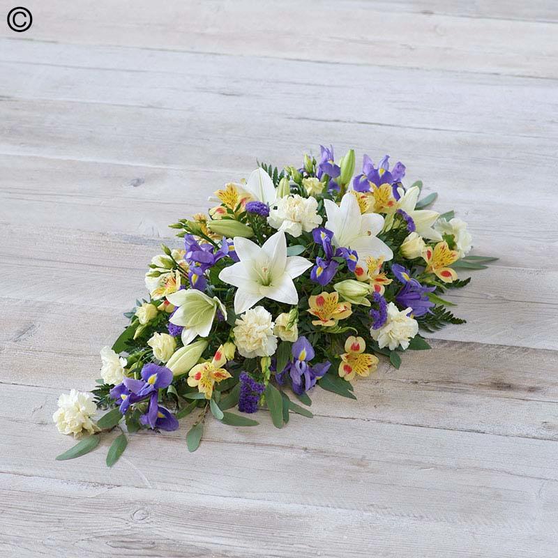 Lemon & Blue Teardrop Spray with Lilies and Irises
