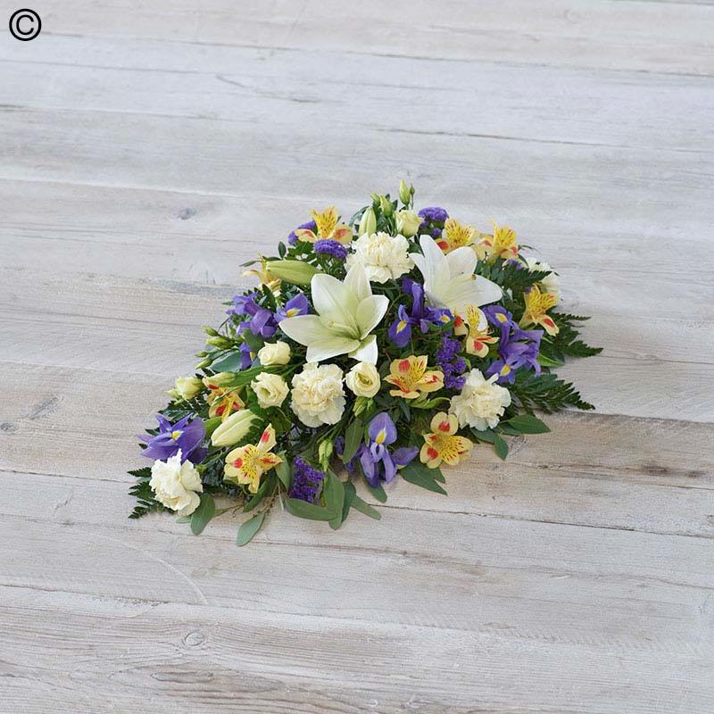Lemon & Blue Teardrop Spray with Lilies and Irises