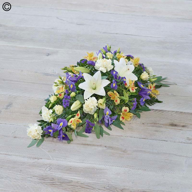Lemon & Blue Teardrop Spray with Lilies and Irises