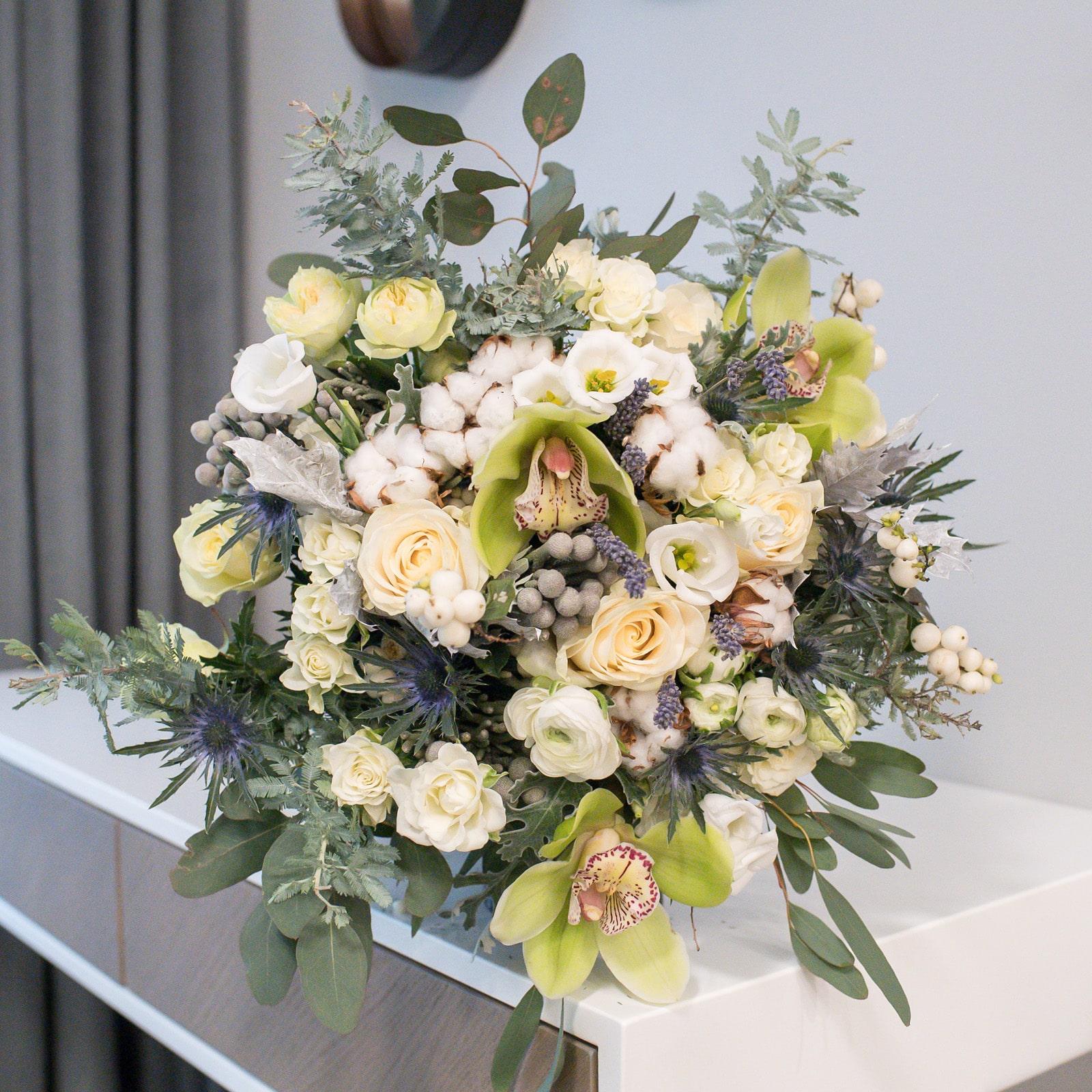 Exquisite Orchid, Cotton & White Rose Bouquet