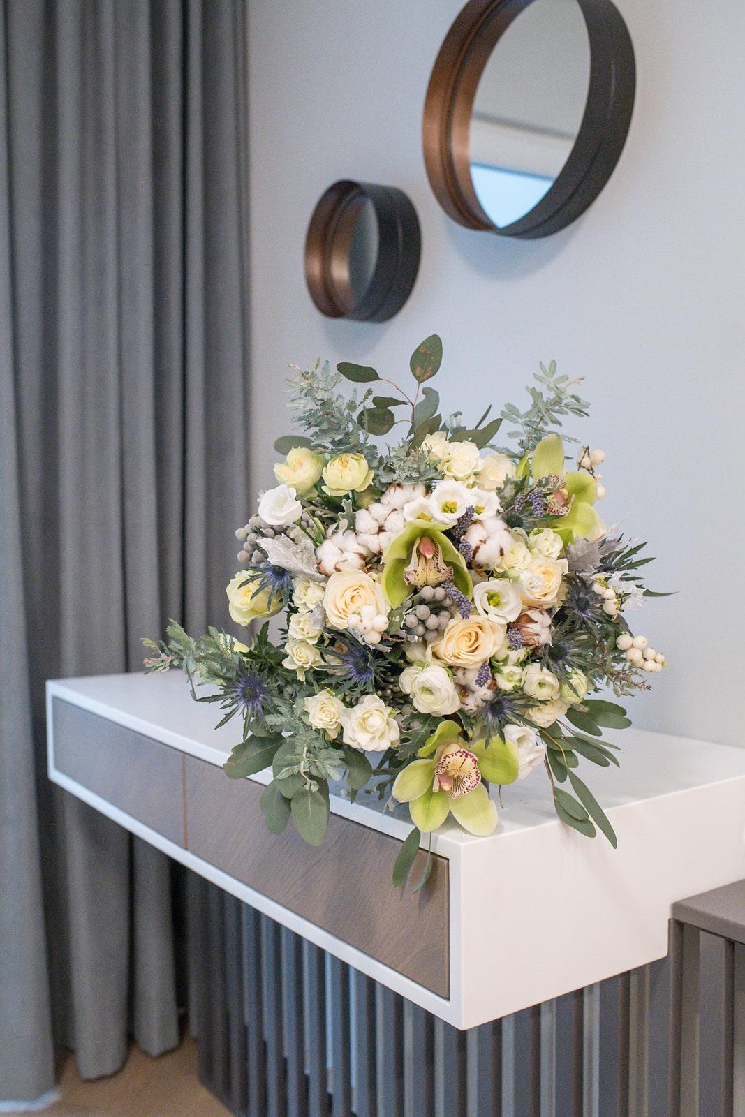 Exquisite Orchid, Cotton & White Rose Bouquet