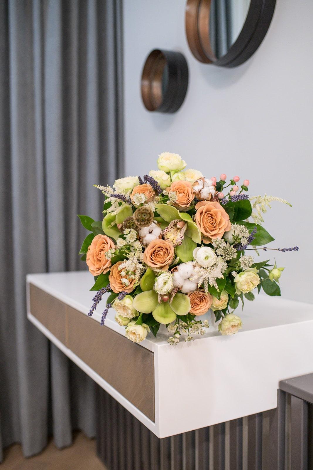 Burnt Orange Rose & Green Orchid Bouquet