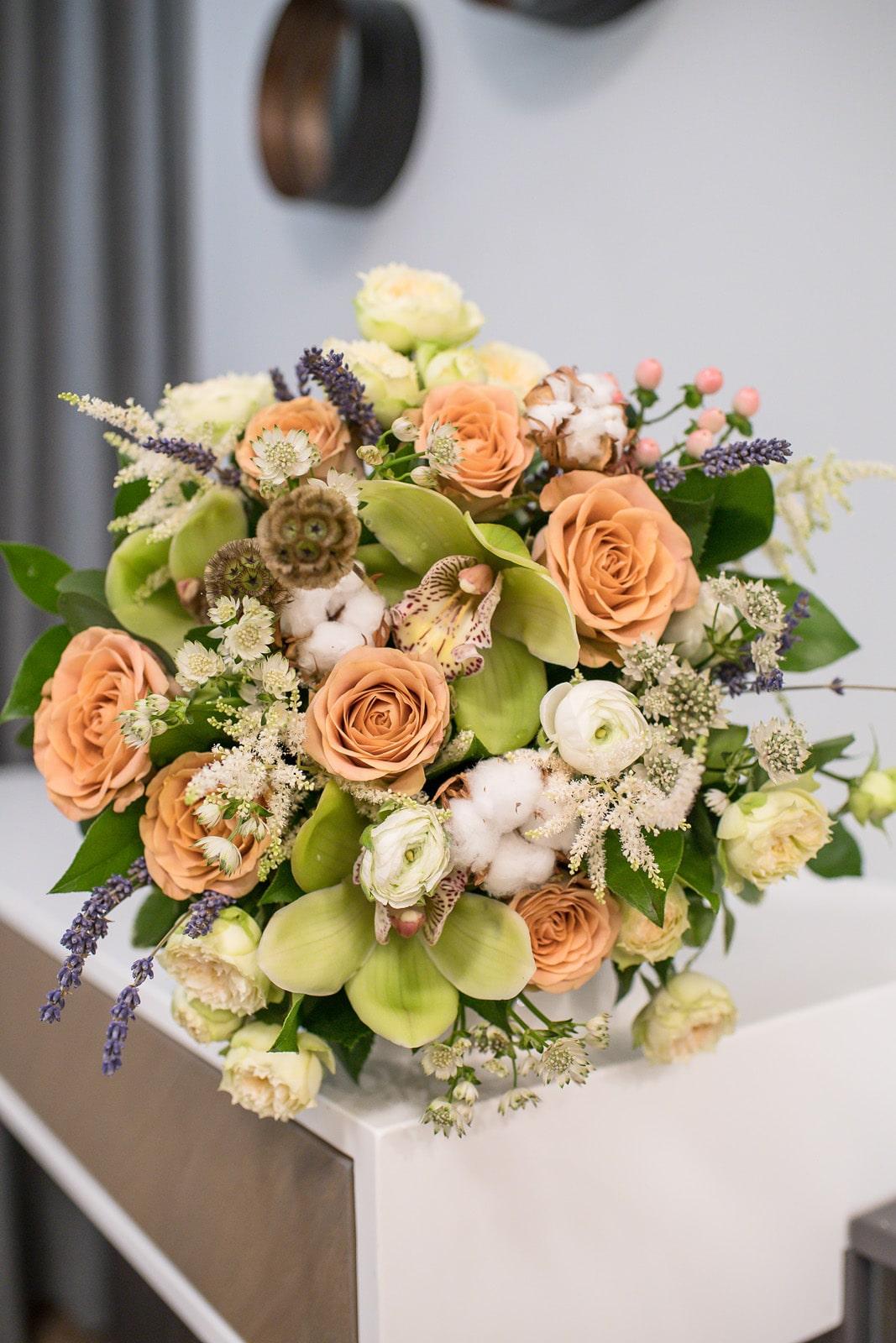 Burnt Orange Rose & Green Orchid Bouquet