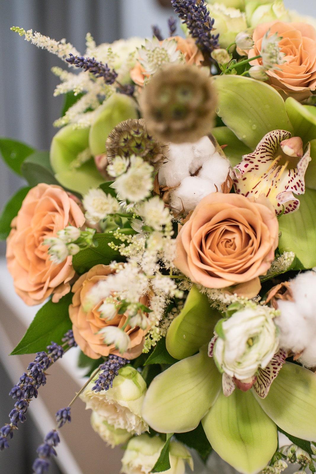 Burnt Orange Rose & Green Orchid Bouquet