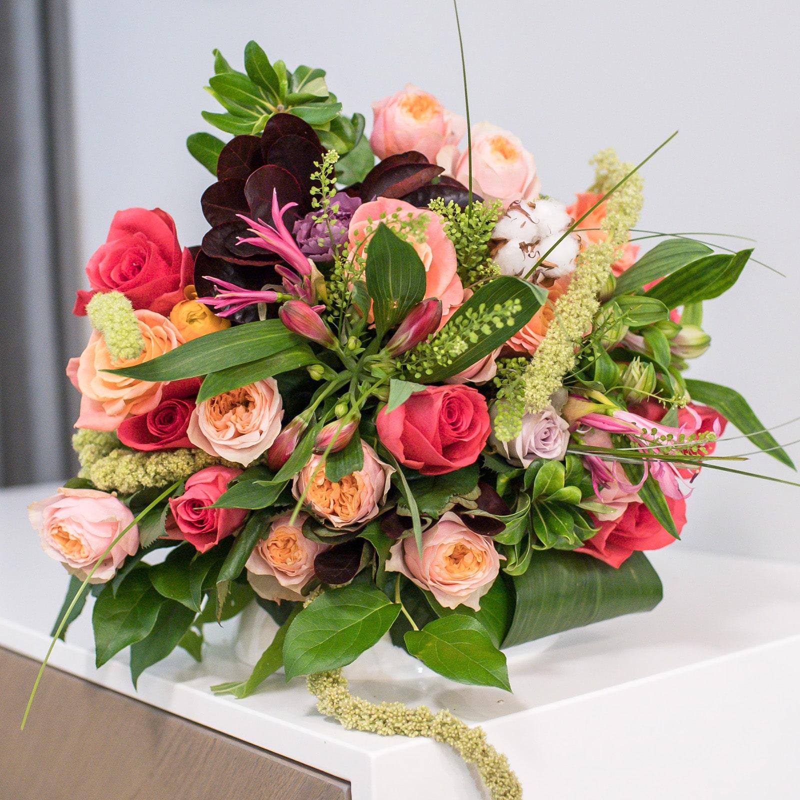 Apricot & Hot Pink Rose Bouquet with Textural Greens