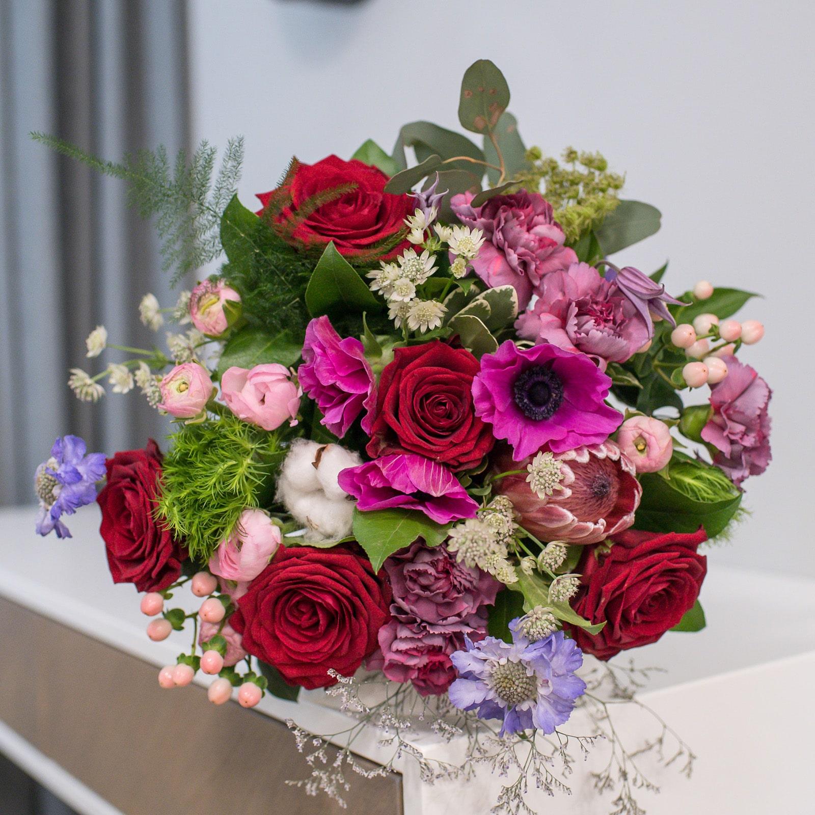 Romantic Red Rose, Protea & Ranunculus Bouquet