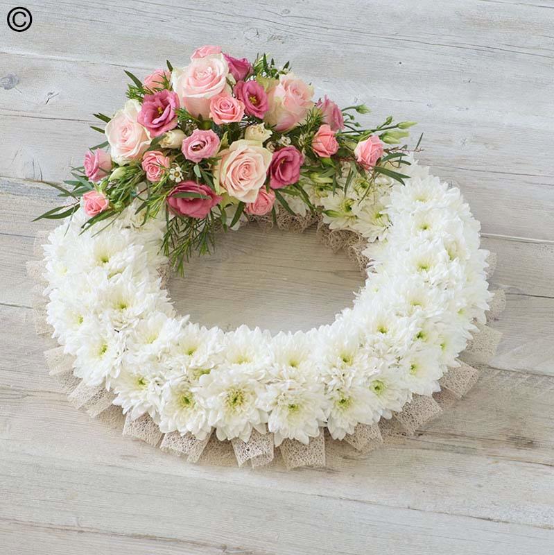 White & Pink Rose Wreath with Ribbon Trim