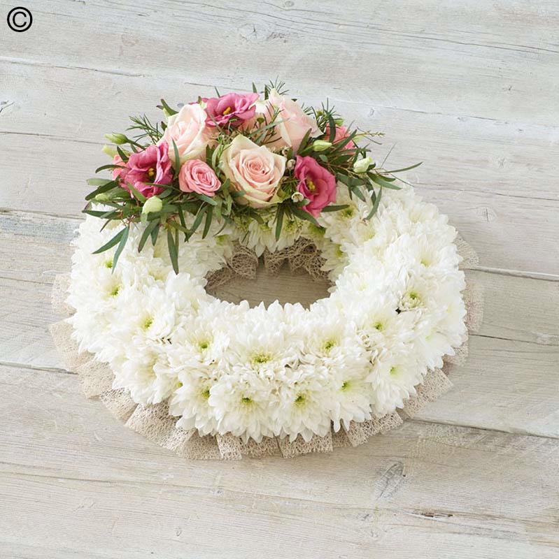 White & Pink Rose Wreath with Ribbon Trim