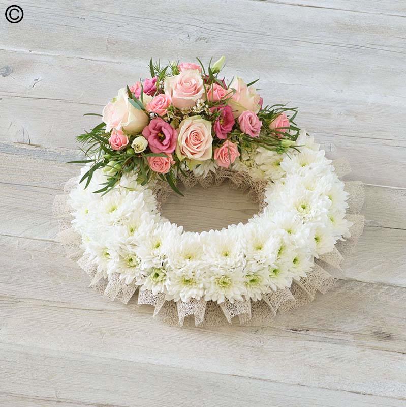 White & Pink Rose Wreath with Ribbon Trim