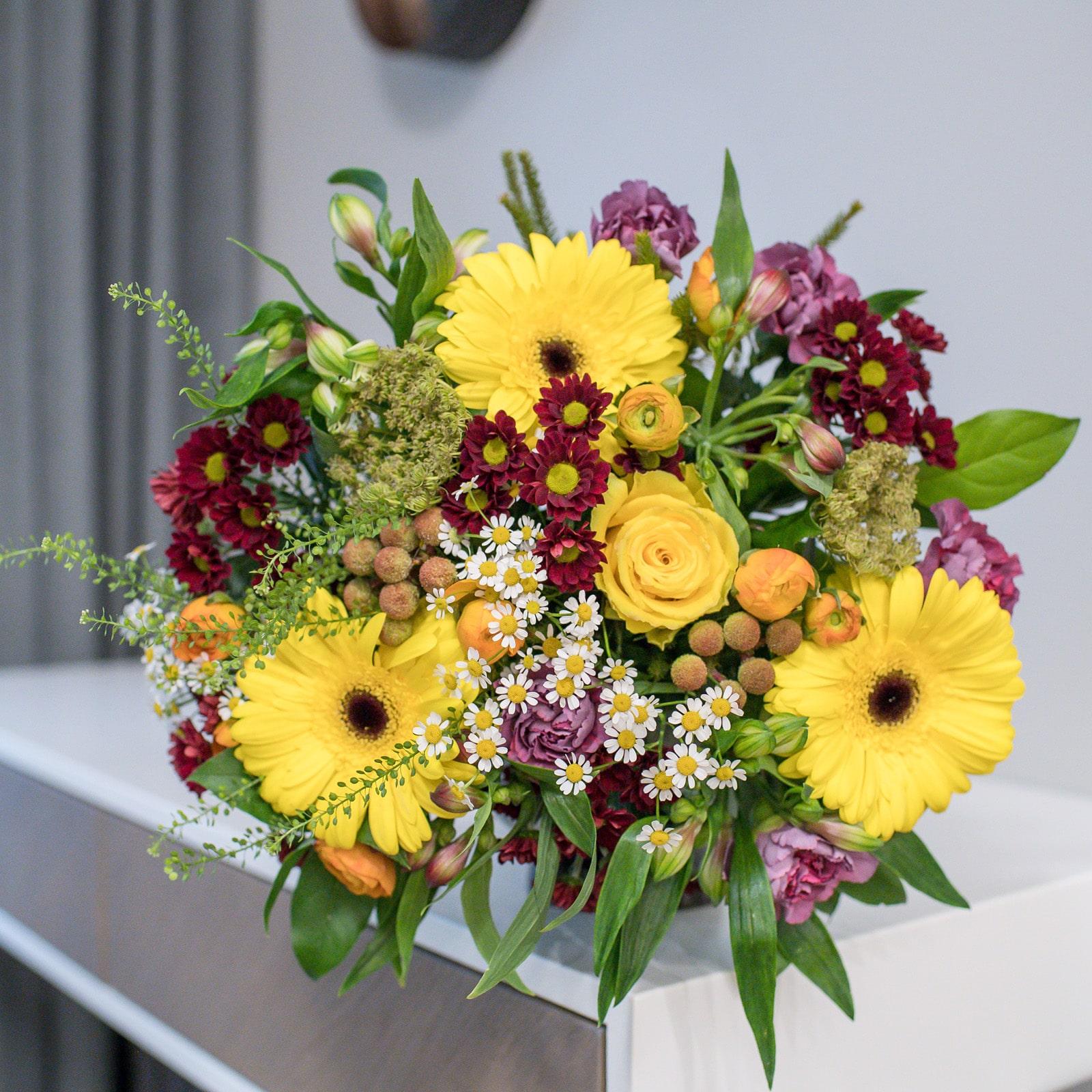 Vibrant Yellow & Burgundy Rose and Gerbera Bouquet